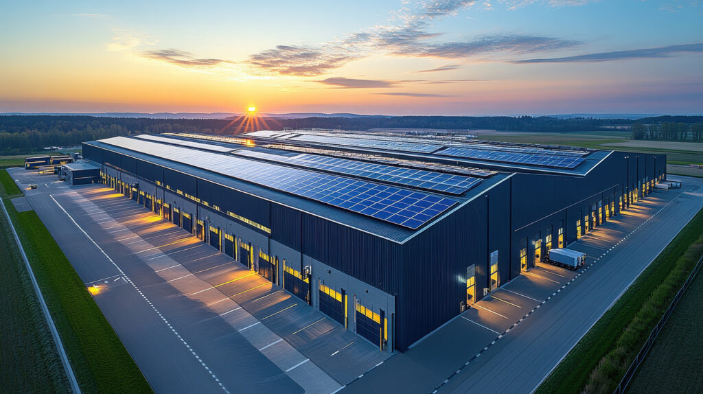 Commercial solar panels for warehouses and distribution centers improving energy efficiency, reducing costs, and supporting sustainability.