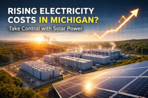Graphic showing Michigan electricity cost trends and how solar energy solutions can help businesses manage rising expenses.