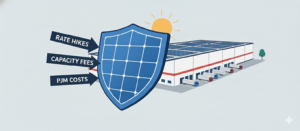 SunMatic Solar Illinois blog graphic showing renewable energy solutions that help businesses manage rising electricity costs.