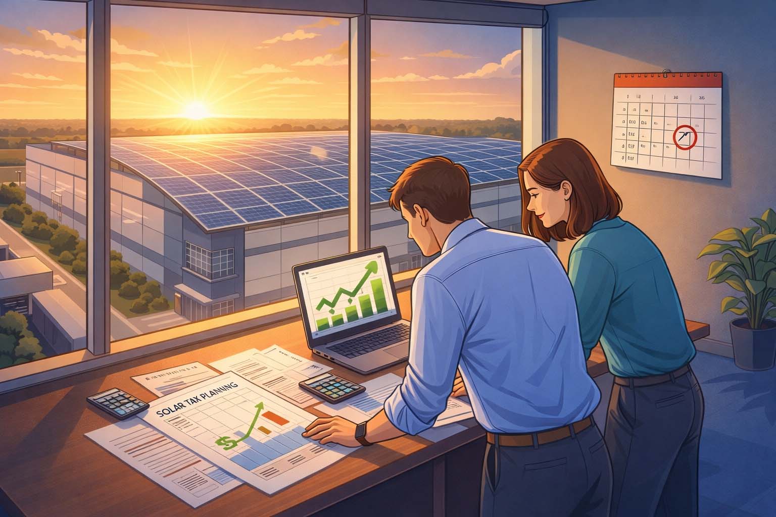 Safe Harbor solar tax credit illustration explaining commercial solar incentives, installation timelines, and financial benefits.