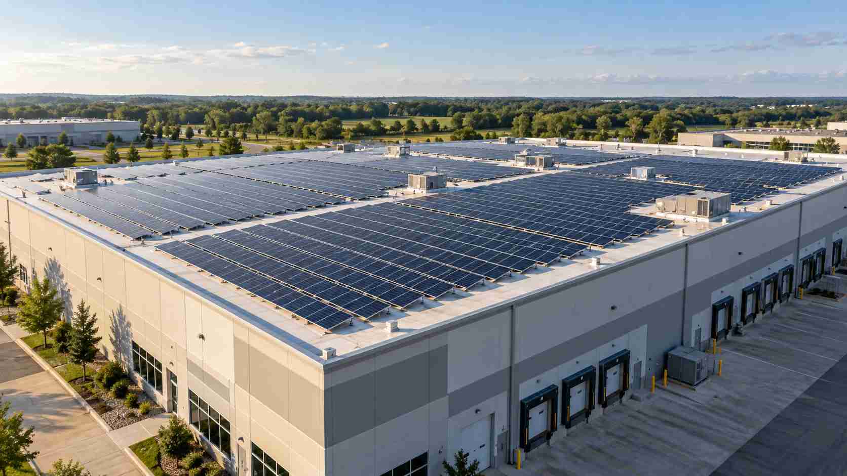 Aerial view of a large commercial warehouse with rows of rooftop solar panels, with loading docks and trees under a blue sky